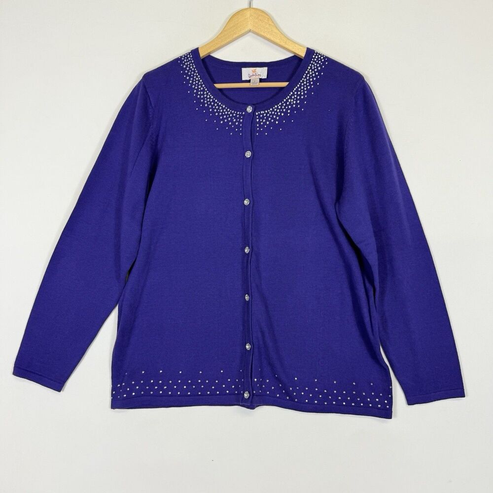 Quacker Factory Womens‎ Large Royal Purple Rhinestone Whimsical Cardigan Sweater